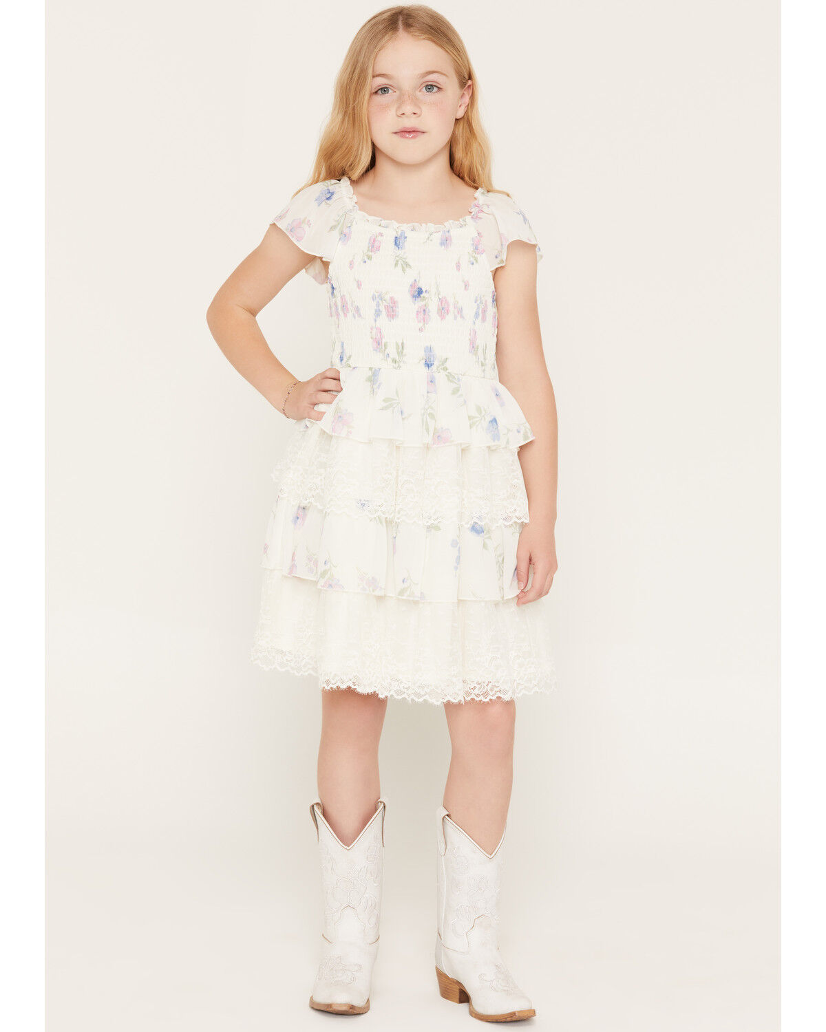 Sugar California Girls' Floral Print Lace Short Sleeve Dress, Ivory, hi-res