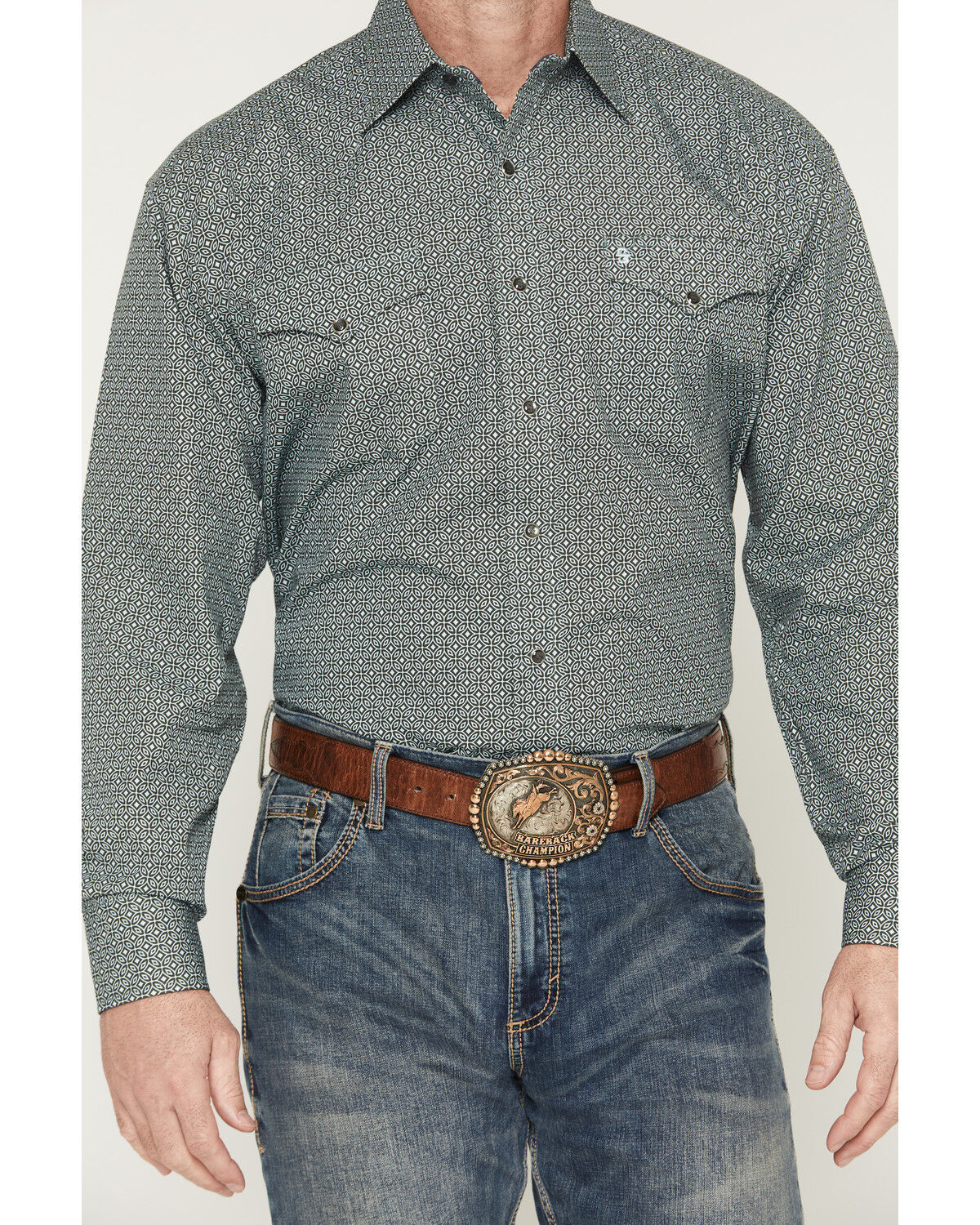 Image #3 - Stetson Men's Geo Print Long Sleeve Snap Western Shirt, Green, hi-res