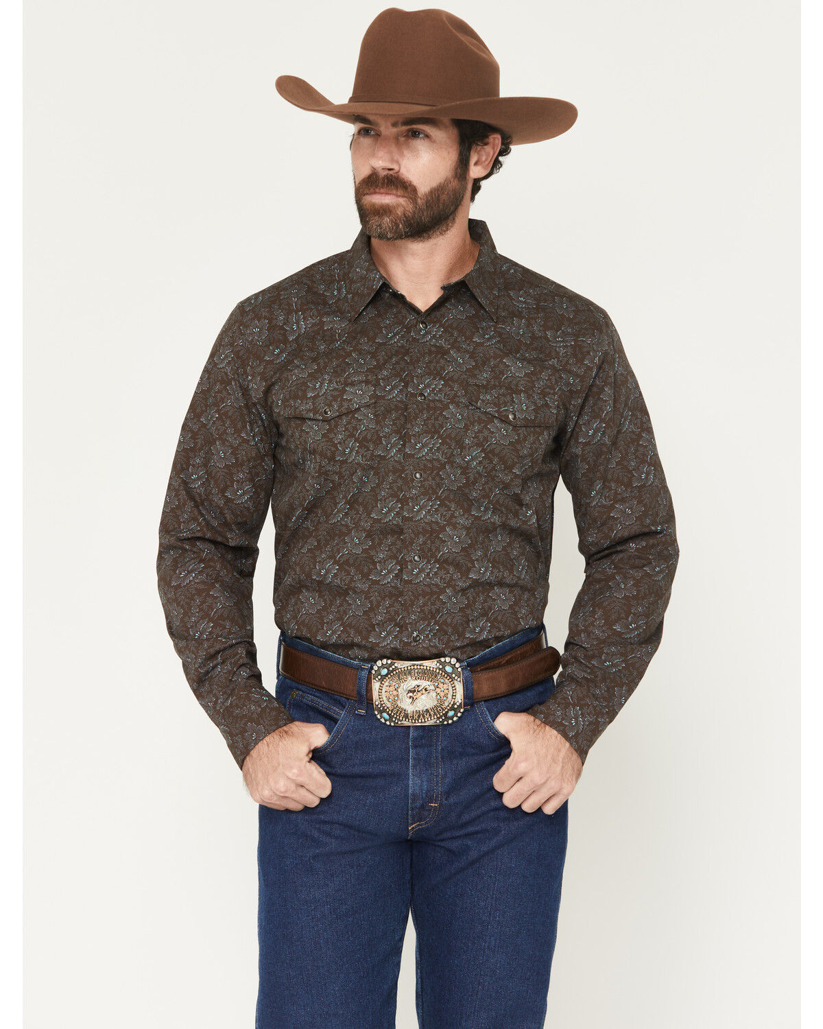 Image #1 - Gibson Trading Co Men's Groovin Floral Print Long Sleeve Snap Western Shirt - Tall, Dark Brown, hi-res