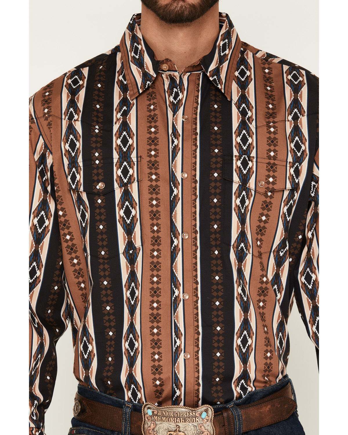 Image #3 - Wrangler Men's Checotah Southwestern Print Long Sleeve Snap Western Shirt, Brown, hi-res