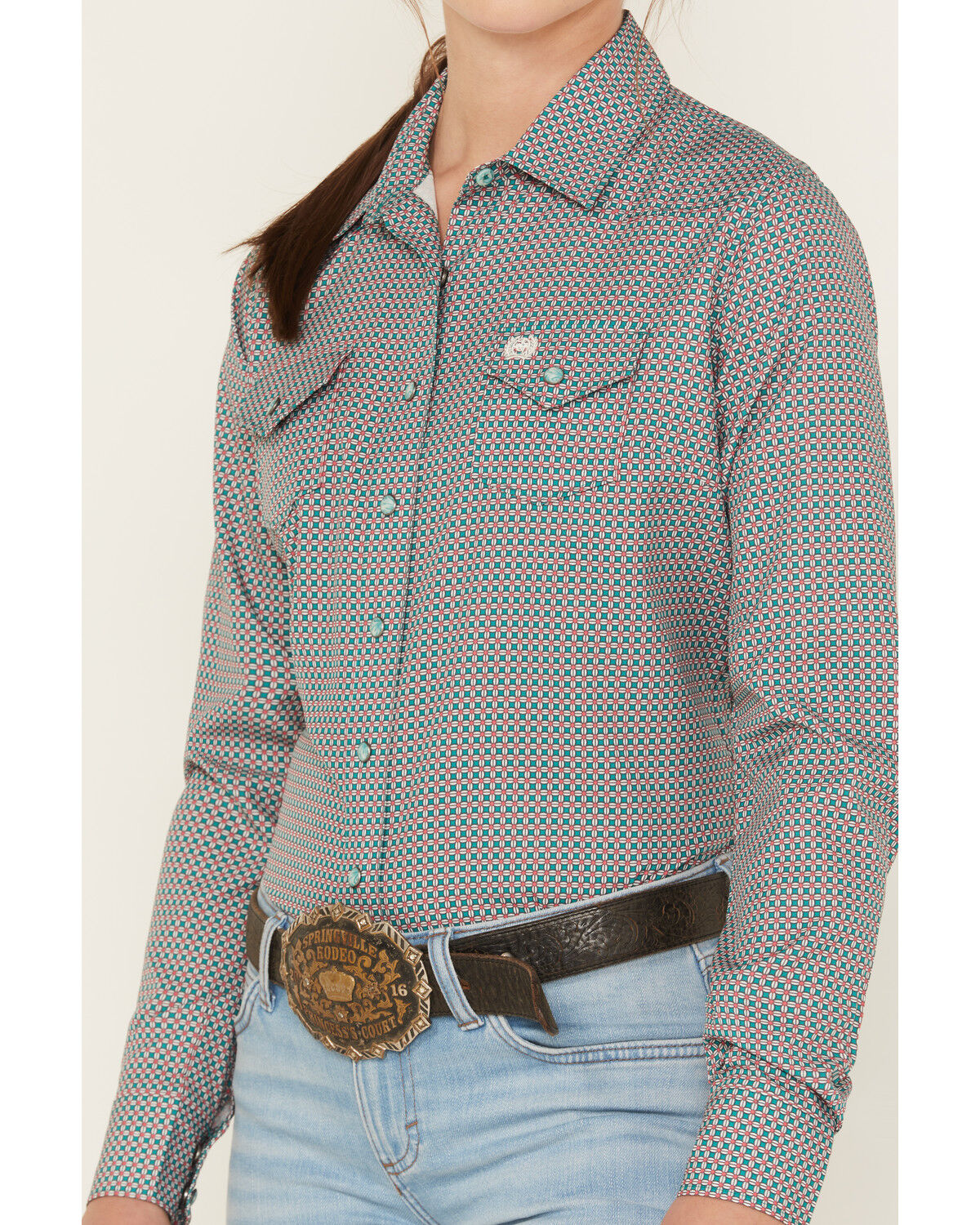 Image #3 - Cinch Women's Geo Print ArenaFlex Long Sleeve Snap Stretch Western Shirt, Green, hi-res