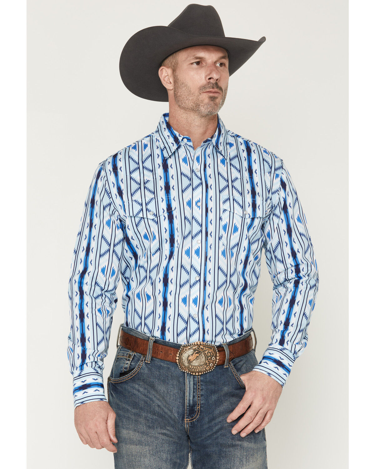 Image #1 - Wrangler Men's Checotah Southwestern Striped Long Sleeve Pearl Snap Western Shirt, Blue, hi-res