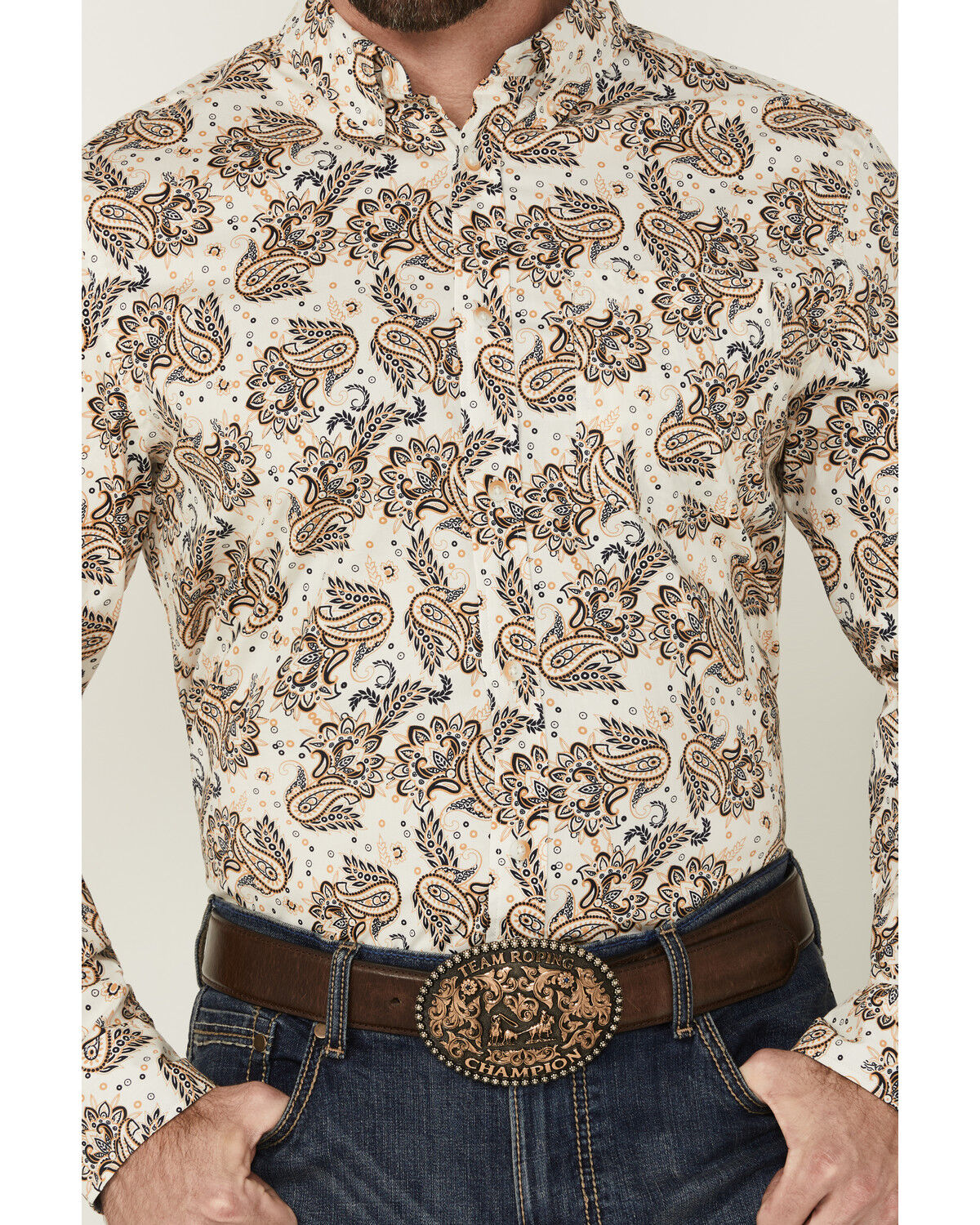 Image #3 - Cody James Men's Kendall Paisley Print Long Sleeve Button-Down Stretch Western Shirt - Tall, Tan, hi-res