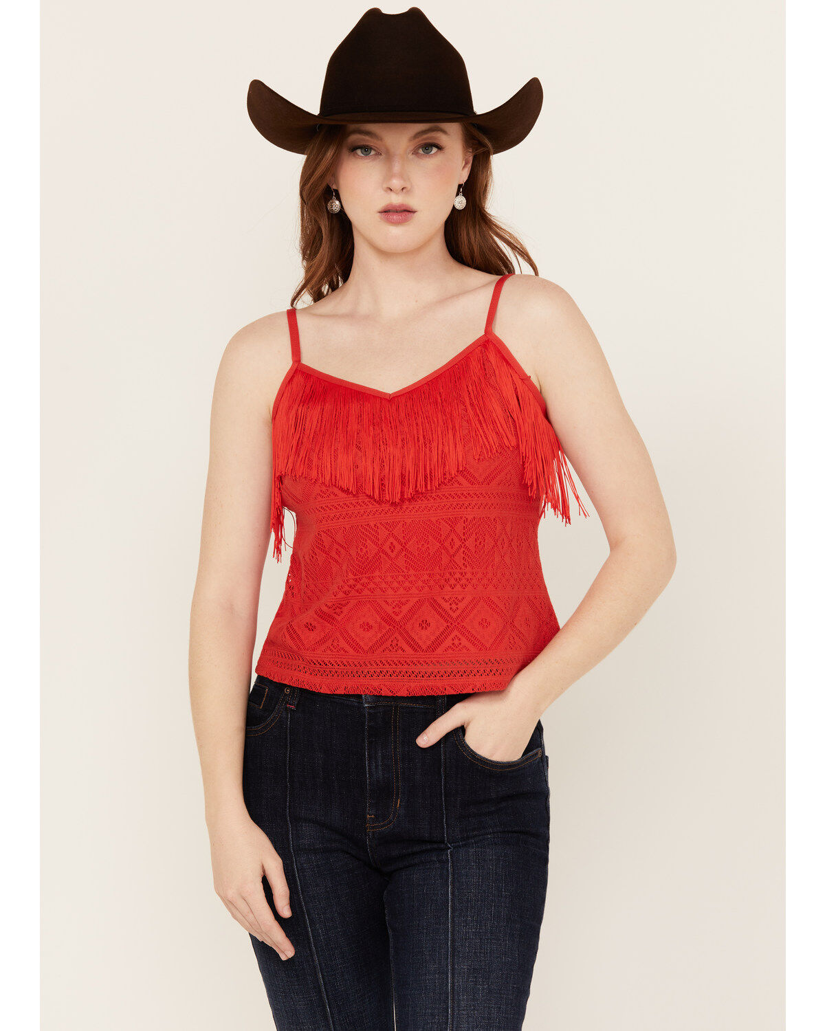 Image #1 - Idyllwind Women's Redmond Lace Fringe Cami, Dark Orange, hi-res