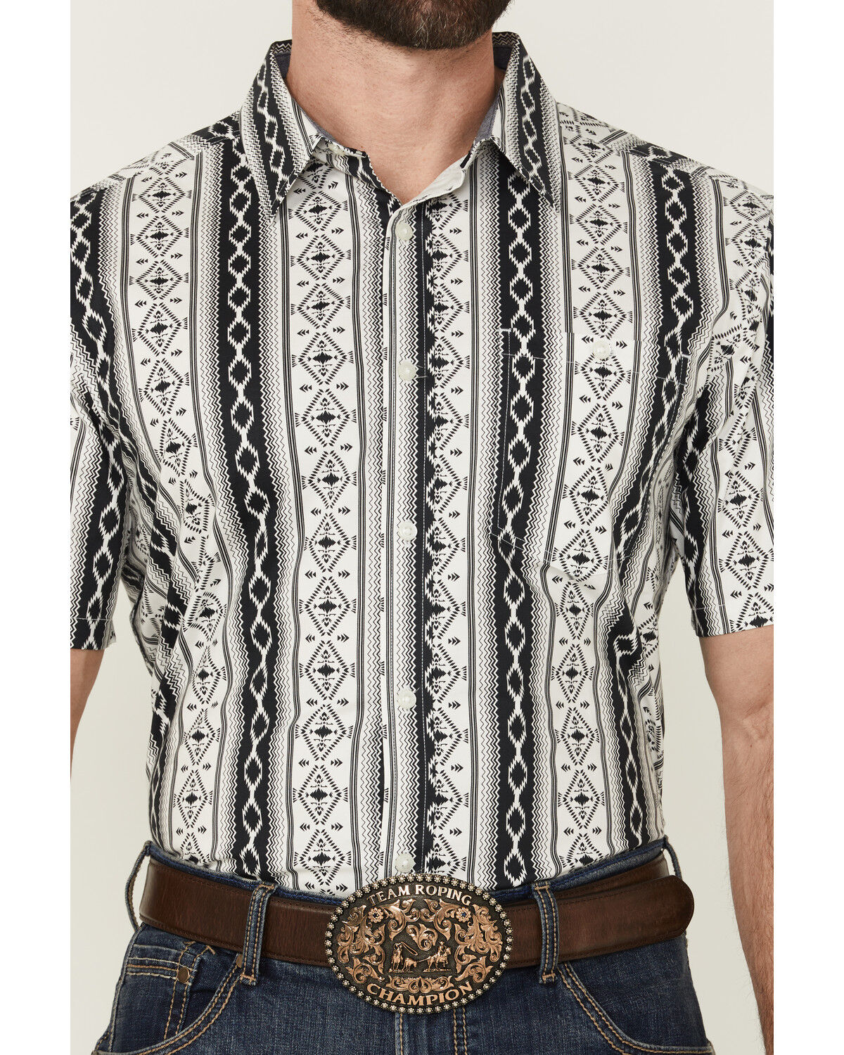 Image #3 - RANK 45&reg; Men's Buffalo Southwestern Striped Print Short Sleeve Button-Down Stretch Western Shirt, White, hi-res