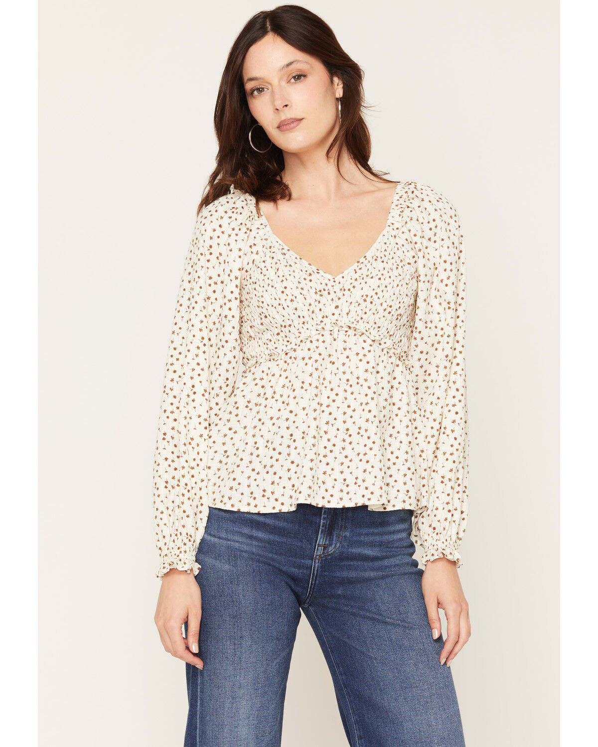 Image #1 - Yura Women's Floral Print Long Sleeve Shirt, Cream, hi-res