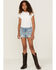 Image #1 - Rock & Roll Denim Girls' Front Yoke Fringe Pocket Shorts, Blue, hi-res