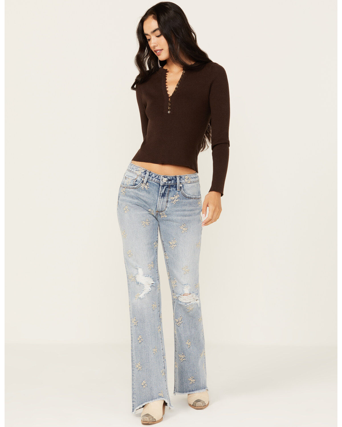 Image #1 - Driftwood Women's Eva Light Wash Low Rise Floral Flare Jeans, Light Wash, hi-res