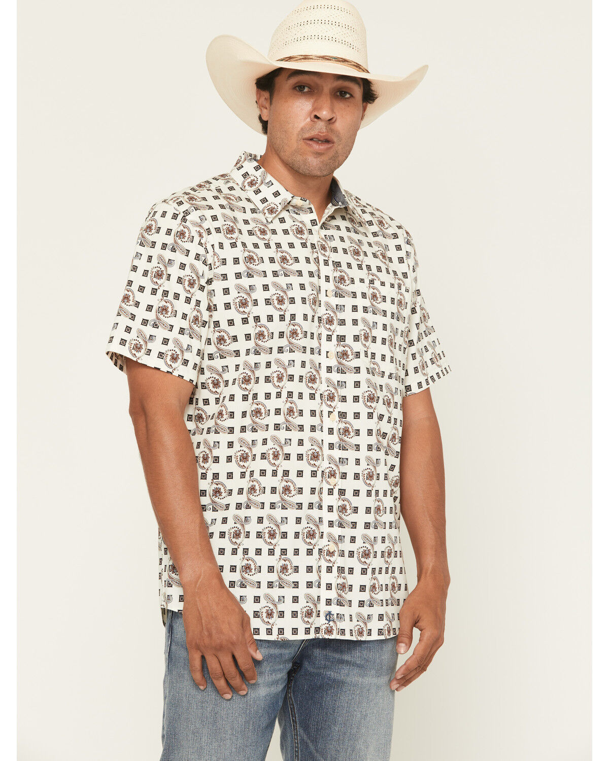 Image #1 - Cody James Men's Geo Paisley Print Short Sleeve Button-Down Stretch Western Shirt, Cream, hi-res