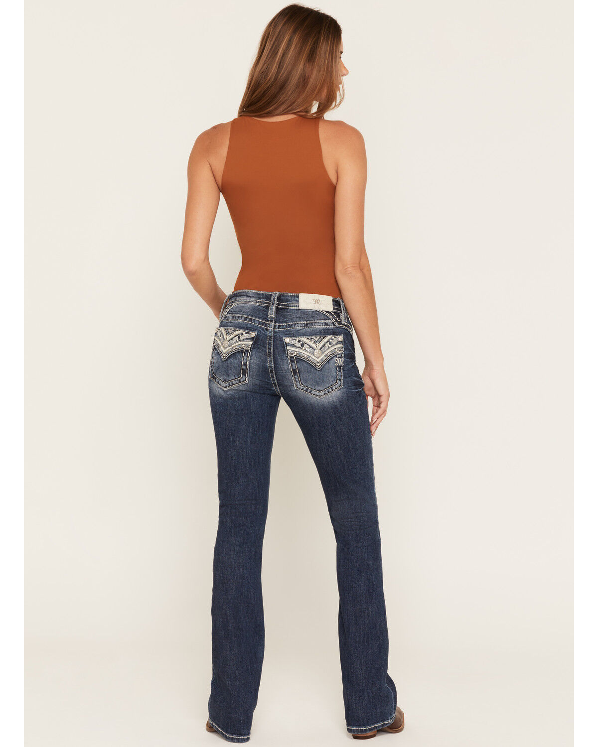 Image #1 - Miss Me Women's Dark Wash Geo Border Pocket Bootcut Stretch Denim Jeans, Dark Wash, hi-res