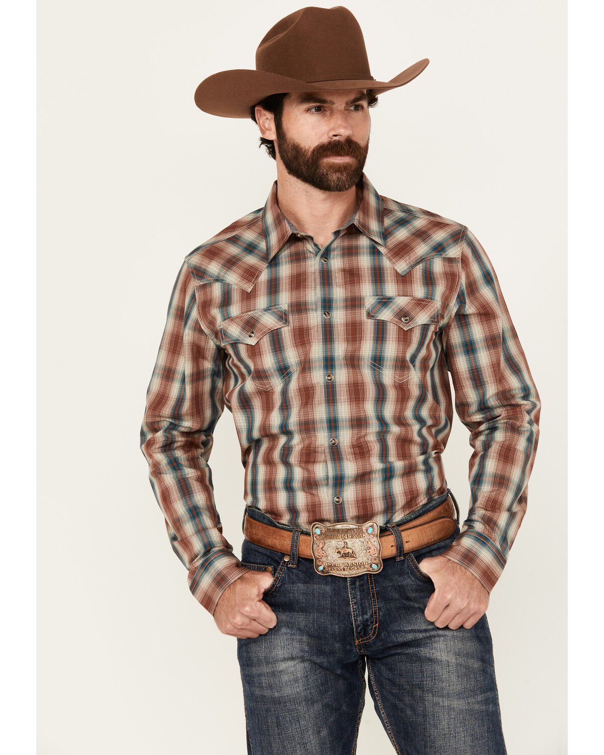 Cody James Men's Ricardo Plaid Print Long Sleeve Snap Western Shirt, Tan, hi-res