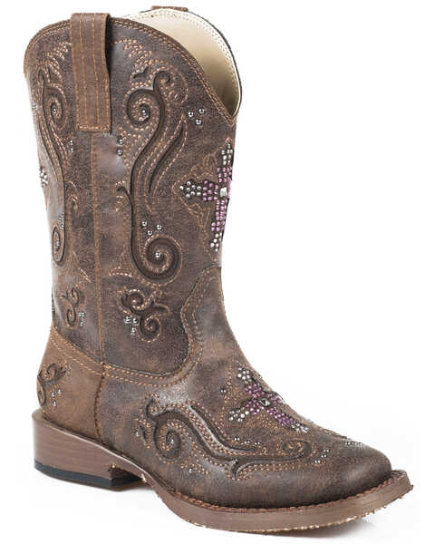 Image #1 - Roper Kid's Brown Faux Leather Cross Faith Western Boots, Brown, hi-res