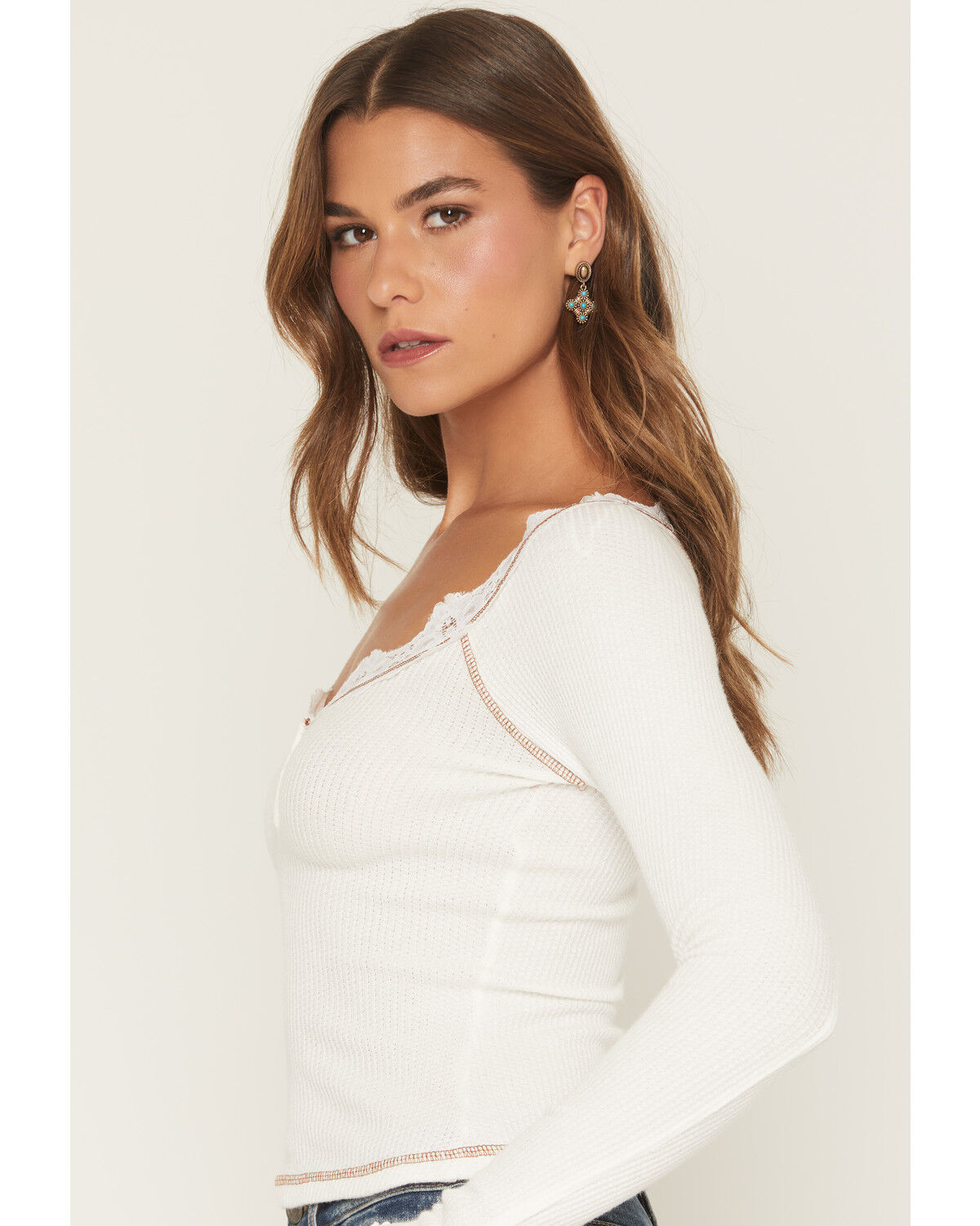 Image #2 - Wild Moss Women's Contrast Stitch Lace Long Sleeve Top, Cream, hi-res