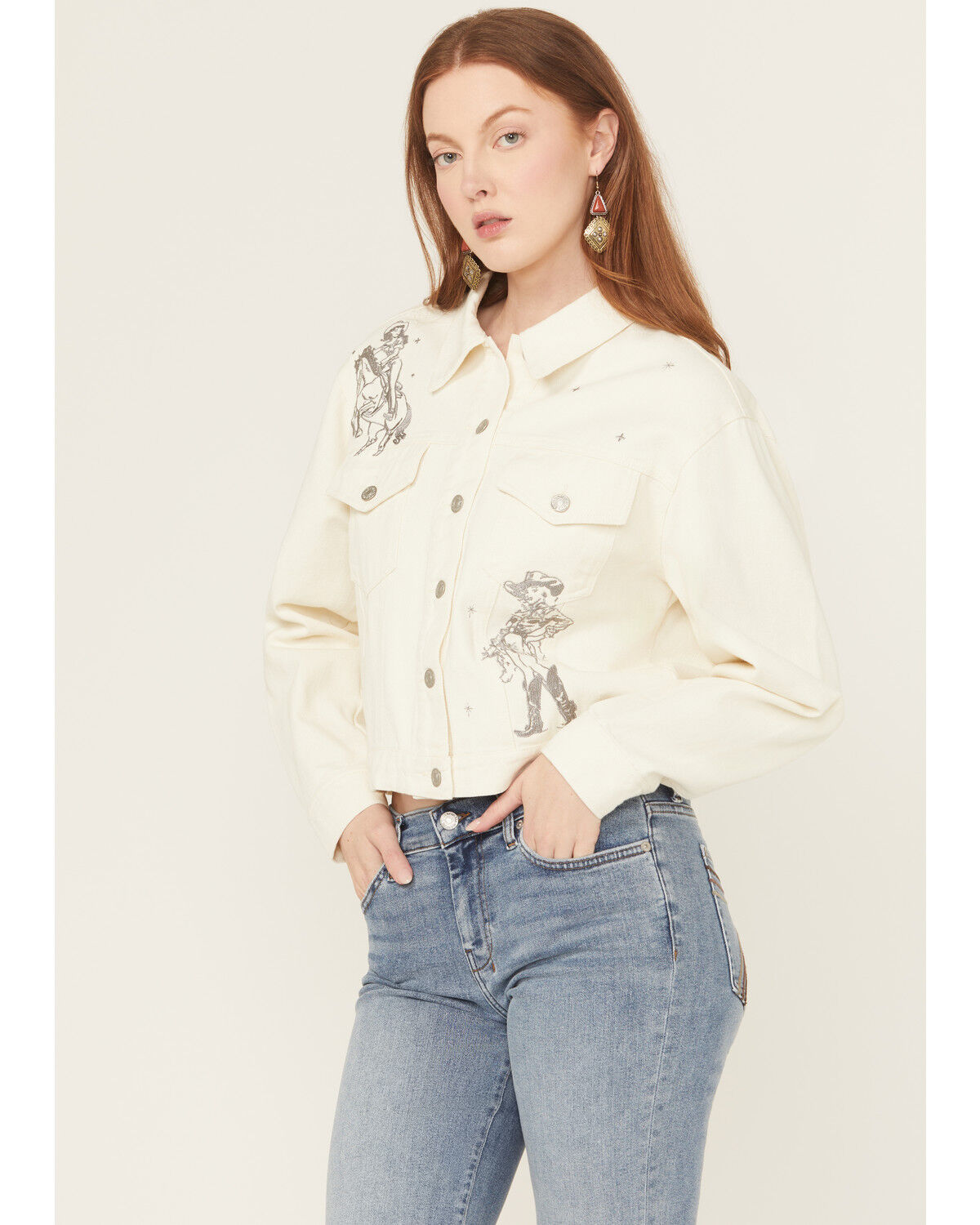 Image #2 - Blue B Women's Cowgirl Embroidered Denim Trucker Jacket, , hi-res