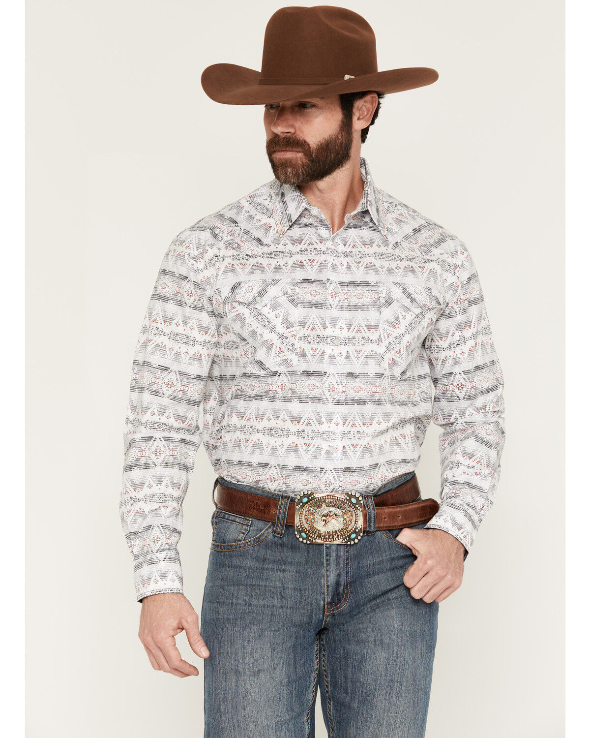 Panhandle Slim Men's Southwestern Print Long Sleeve Snap Stretch Western Shirt, White, hi-res