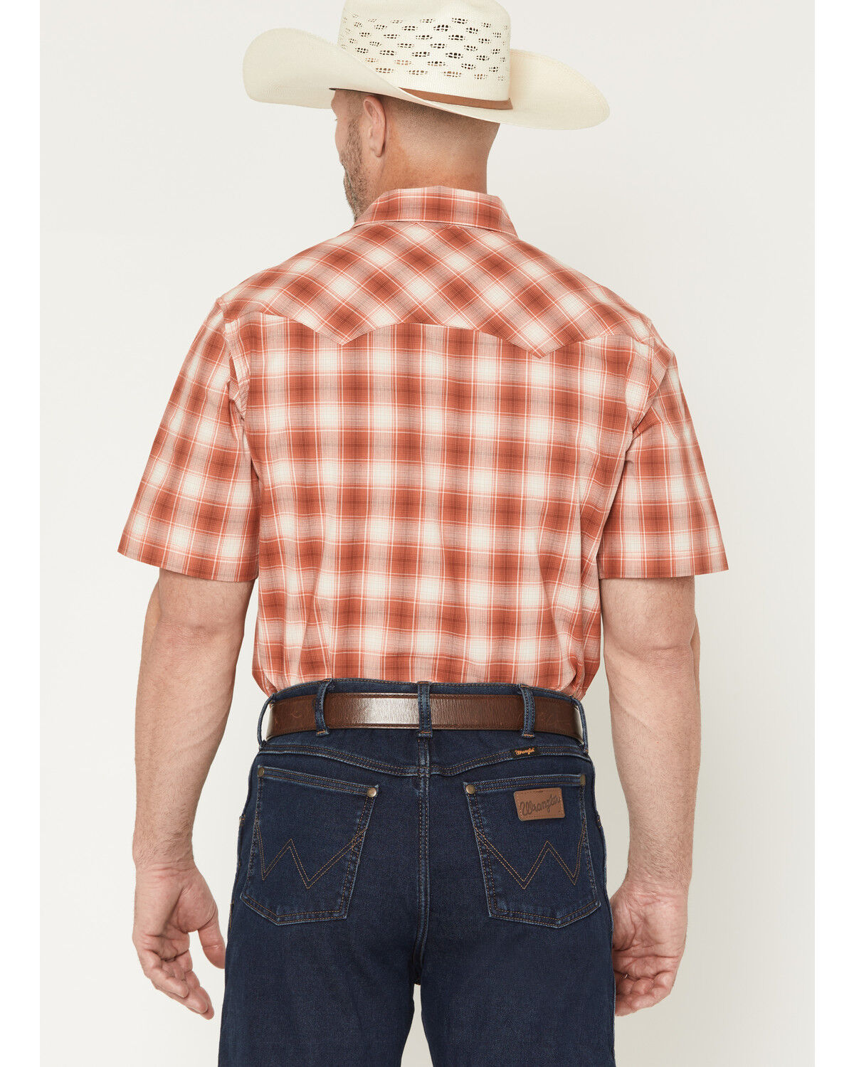 Image #4 - Wrangler Retro Men's Plaid Print Short Sleeve Snap Western Shirt, Orange, hi-res
