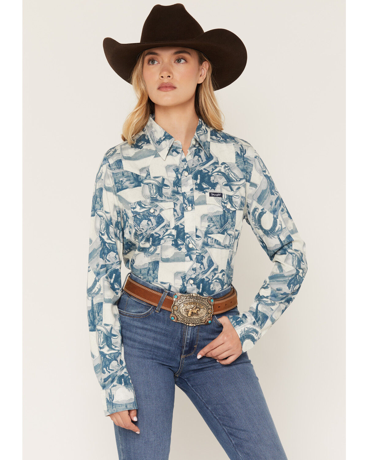 Image #1 - Wrangler Retro Women's Western Conversational Print Long Sleeve Snap Western Shirt, Blue, hi-res