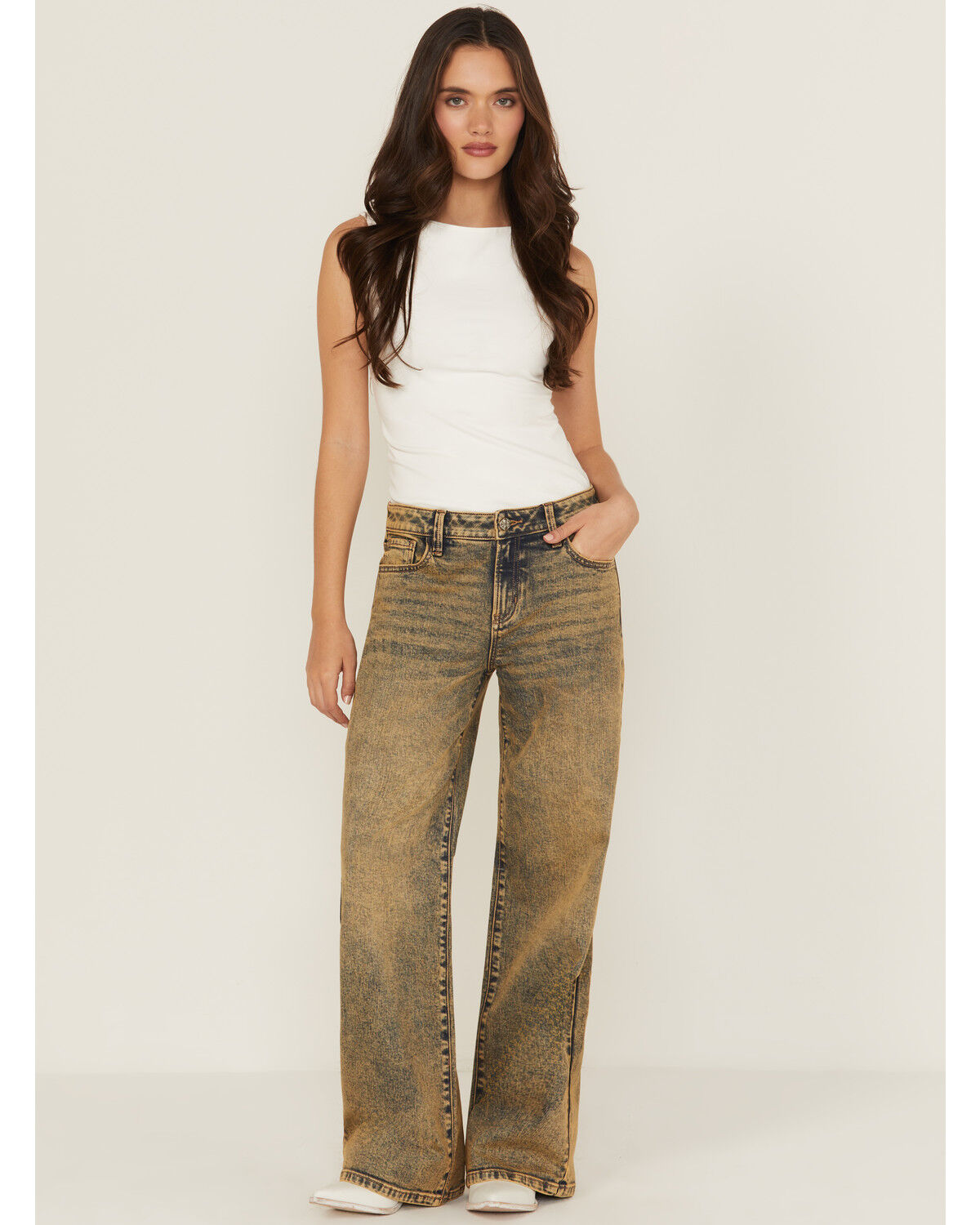 Image #1 - Miss Me Women's Vintage Mid Rise Baggy 32" Wide Leg Stretch Denim Jeans, Medium Wash, hi-res