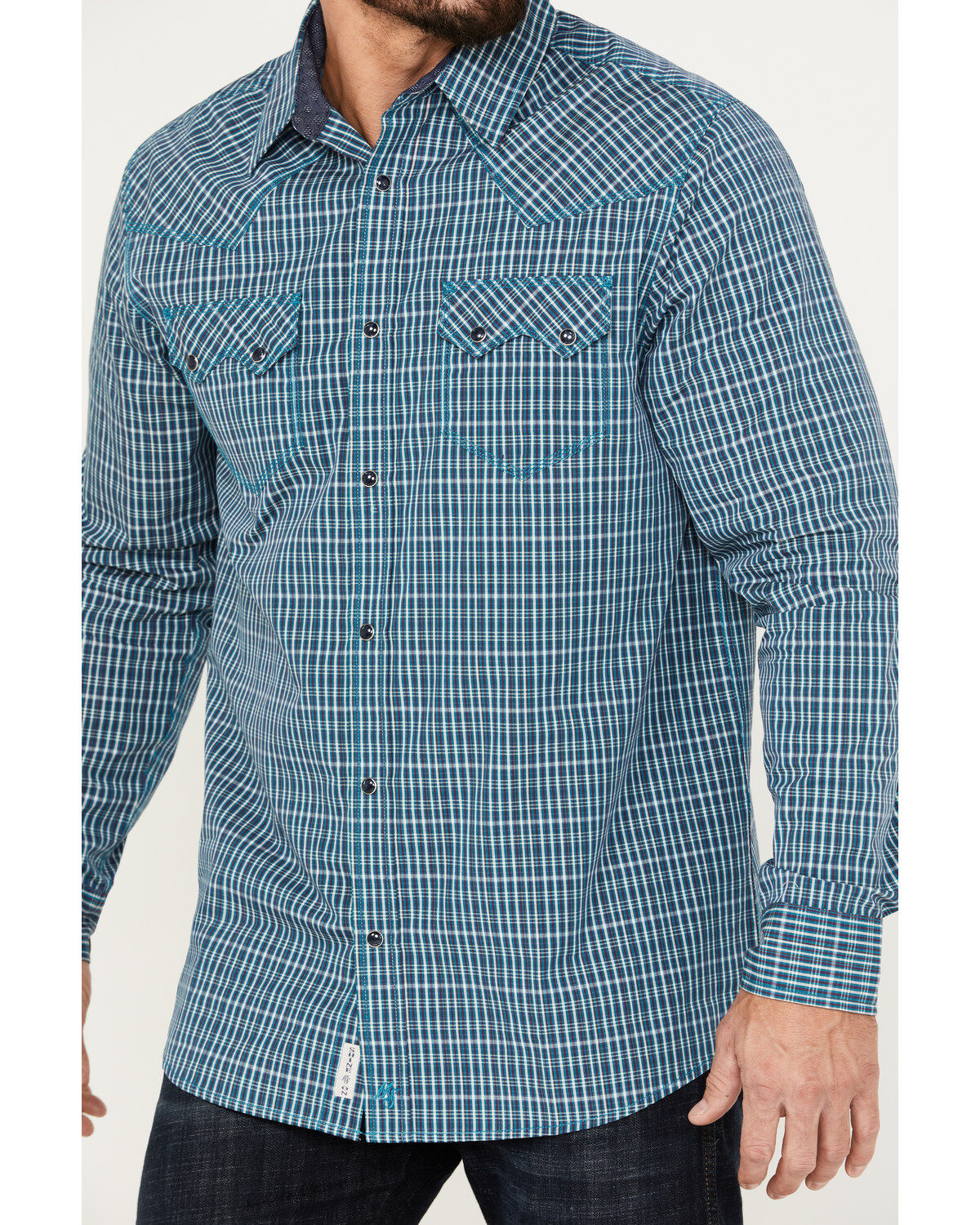 Image #3 - Moonshine Spirit&reg; Men's Free Bird Plaid Print Long Sleeve Western Snap Shirt, Navy, hi-res