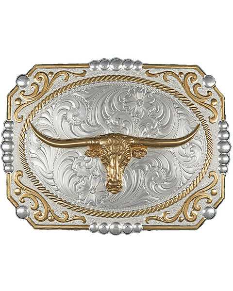 Image #1 - Montana Silversmiths Dual-Tone Cowboy Cameo Longhorn Buckle, Silver, hi-res