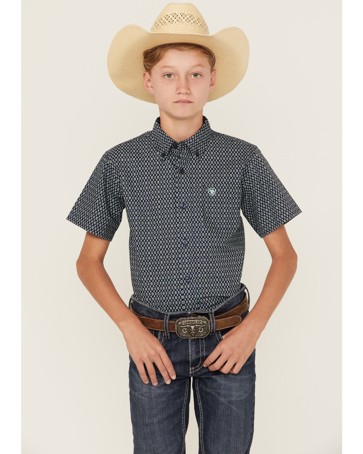 Ariat Boys' Geo Print Short Sleeve Button-Down Western Shirt, Navy, hi-res