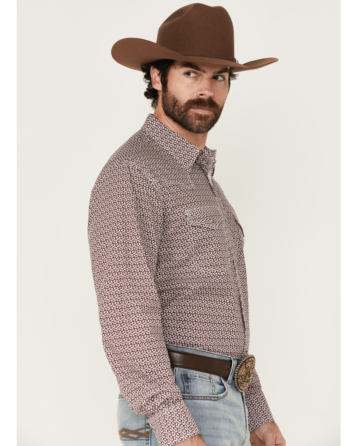Image #2 - Wrangler Men's 20x Geo Print Long Sleeve Snap Stretch Western Shirt, Wine, hi-res