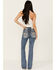 Image #1 - Miss Me Women's Dark Wash Mid Rise Downward Wing Pocket Bootcut Stretch Denim Jeans, Dark Wash, hi-res