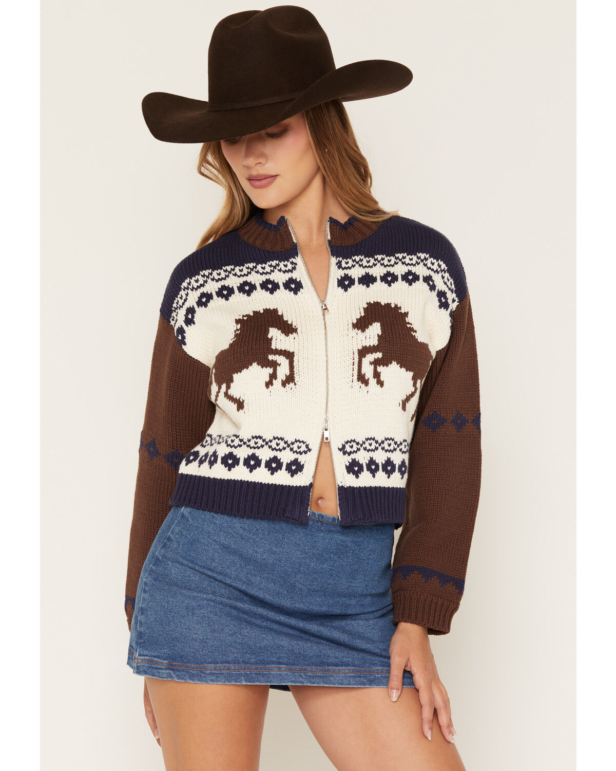 Image #1 - Sadie & Sage Women's Horse Zip-Up Sweater, Brown, hi-res