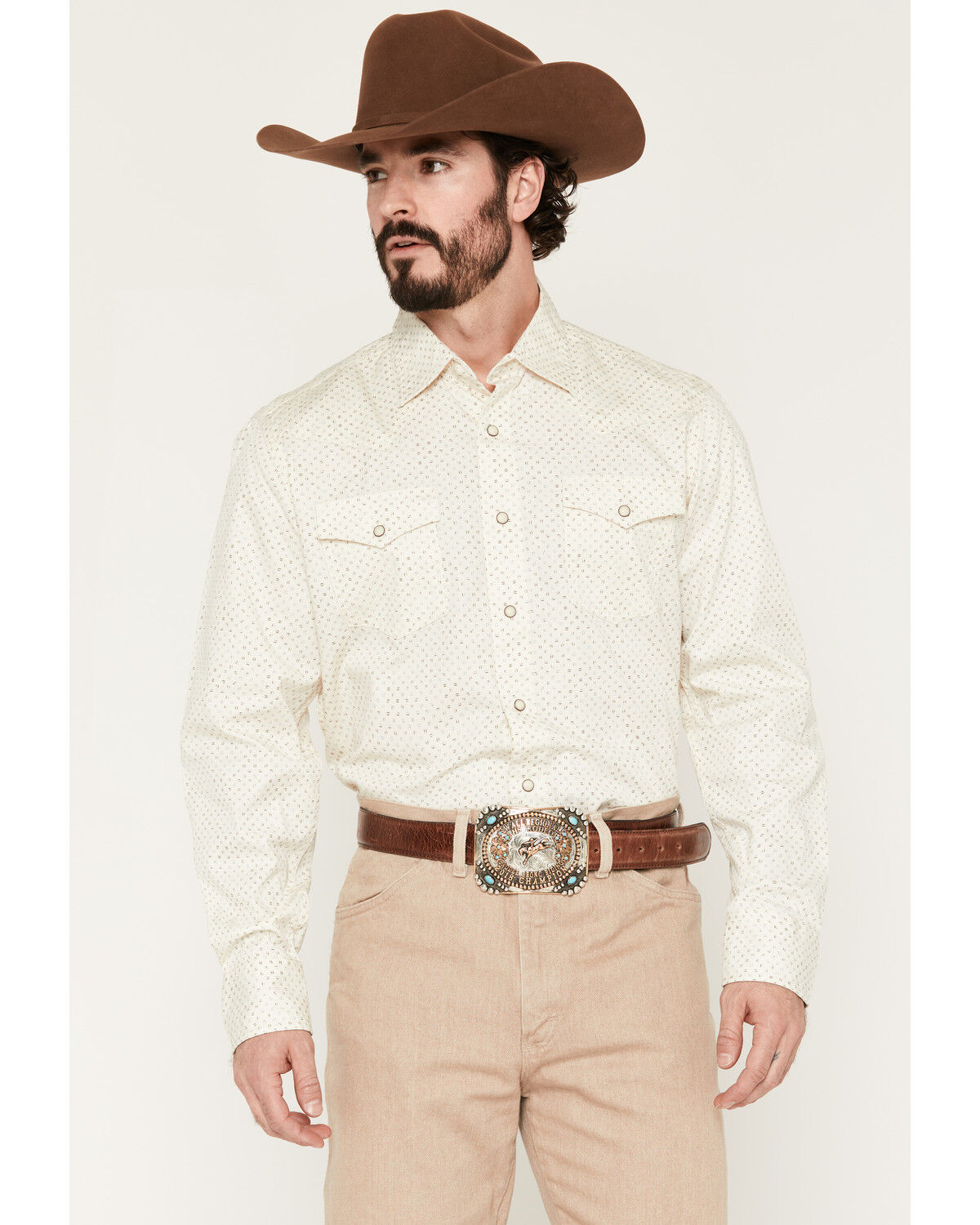 Wrangler Retro Men's Premium Micro Geo Print Long Sleeve Snap Western Shirt, Cream, hi-res