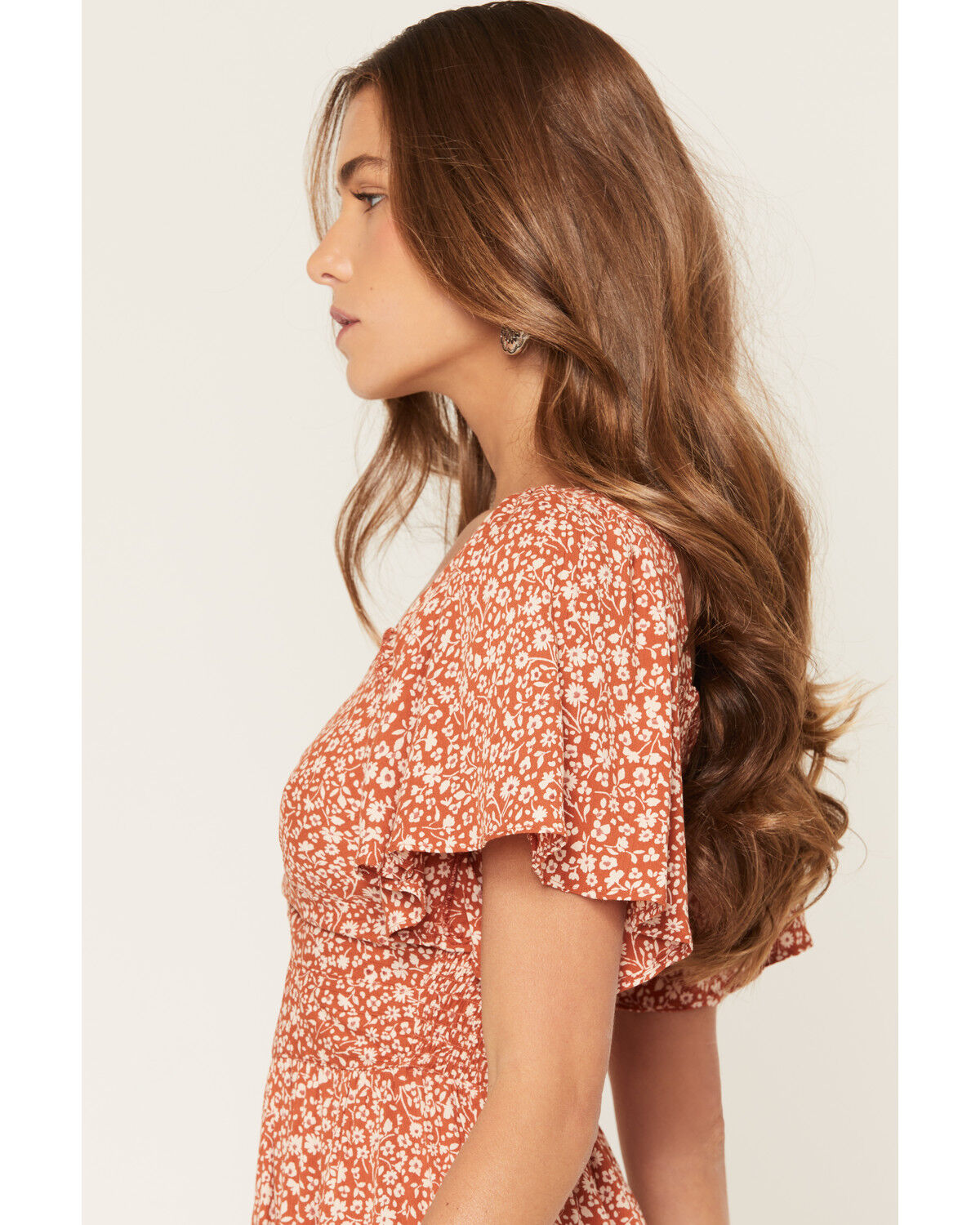 Image #2 - Angie Women's Floral Print Front Twist Midi Dress, Rust Copper, hi-res