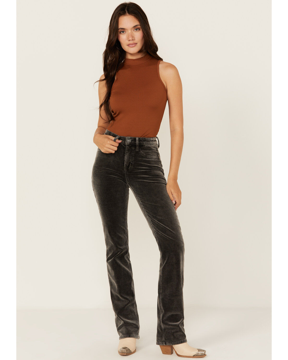 Image #1 - Rock & Roll Denim Women's High Rise Corduroy Bargain Modest Bootcut Stretch Jeans, Charcoal, hi-res