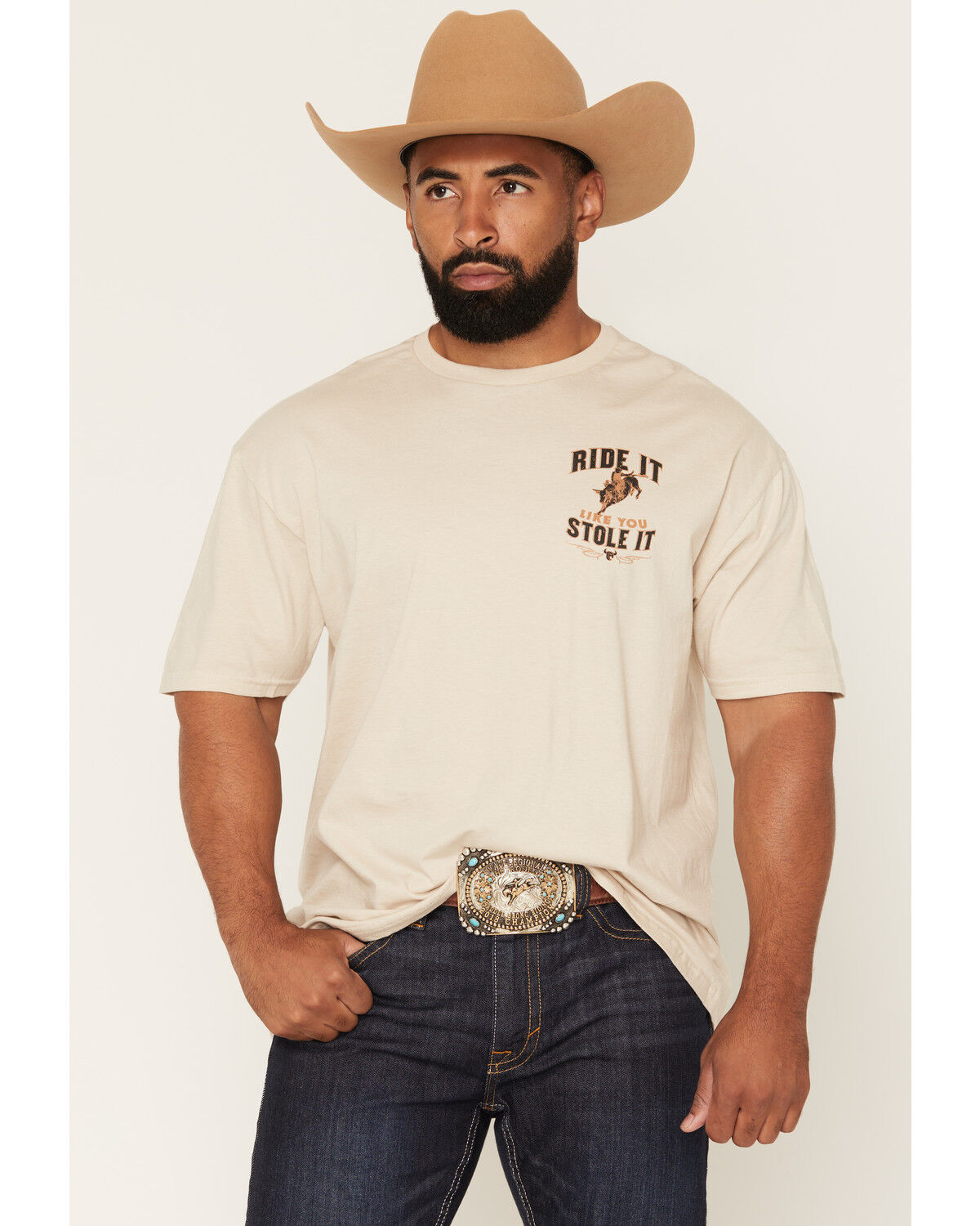 Image #2 - Cowboy Hardware Men's Ride It Like You Stole It Short Sleeve Graphic T-Shirt, Tan, hi-res