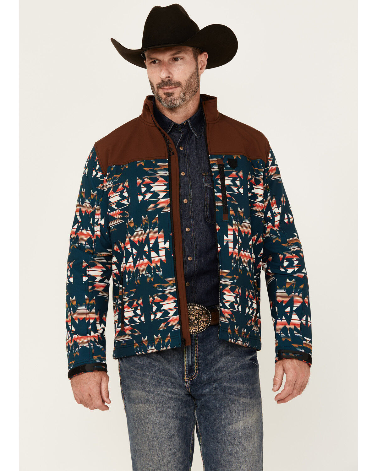 Image #1 - RANK 45&reg; Men's Southwestern Print Color Block Jacket, Dark Teal, hi-res