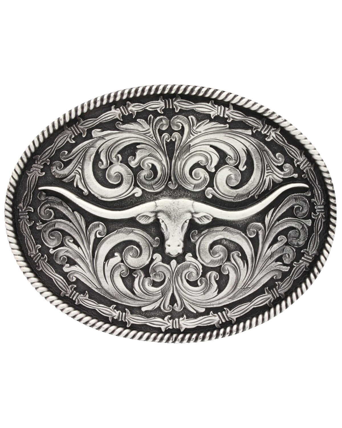 Montana Silversmiths Barbed Wire Longhorn Classic Impressions Attitude Belt Buckle, Silver, hi-res