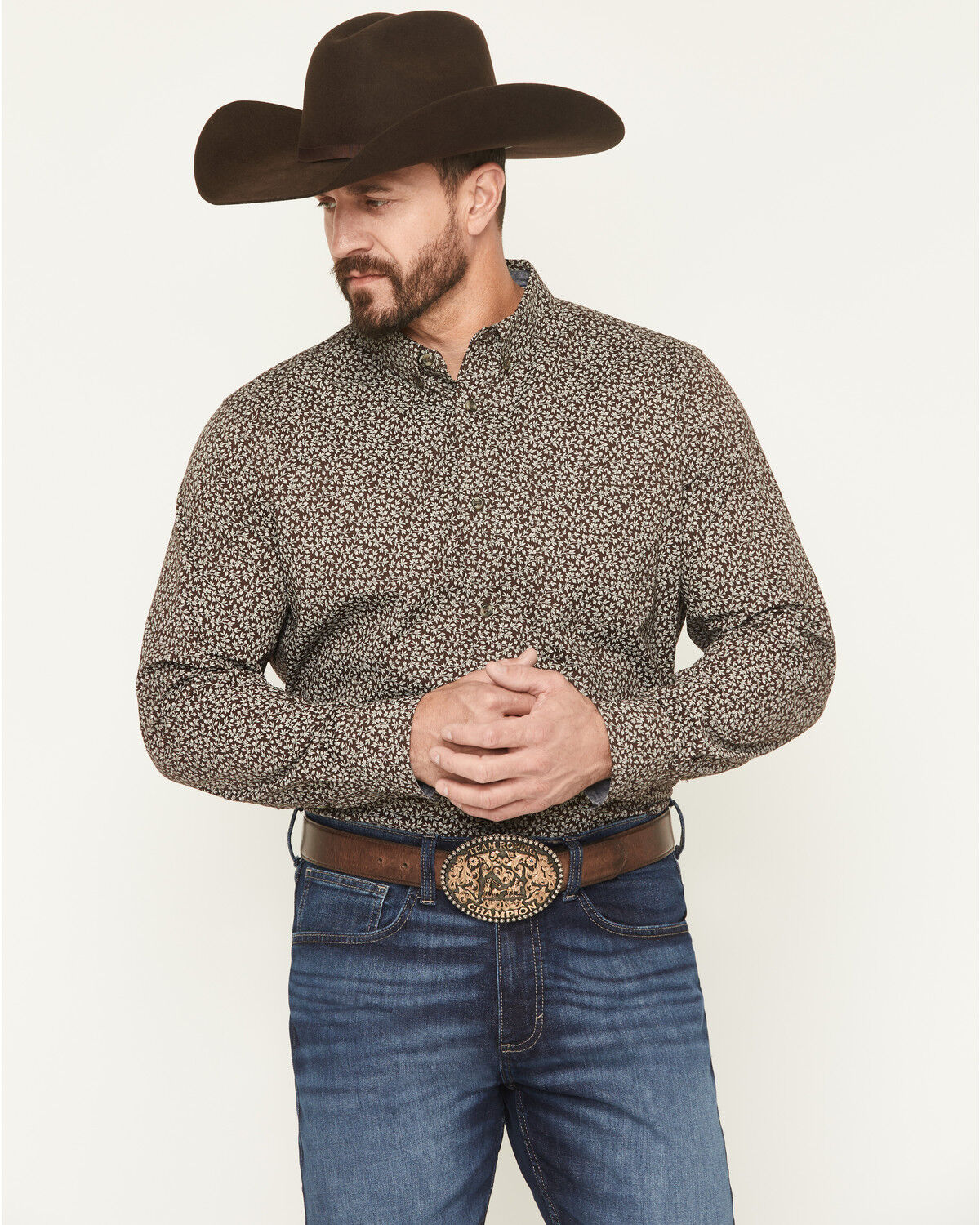 Cody James Men's Denali Ridge Micro Floral Print Long Sleeve Snap Western Shirt, Dark Brown, hi-res