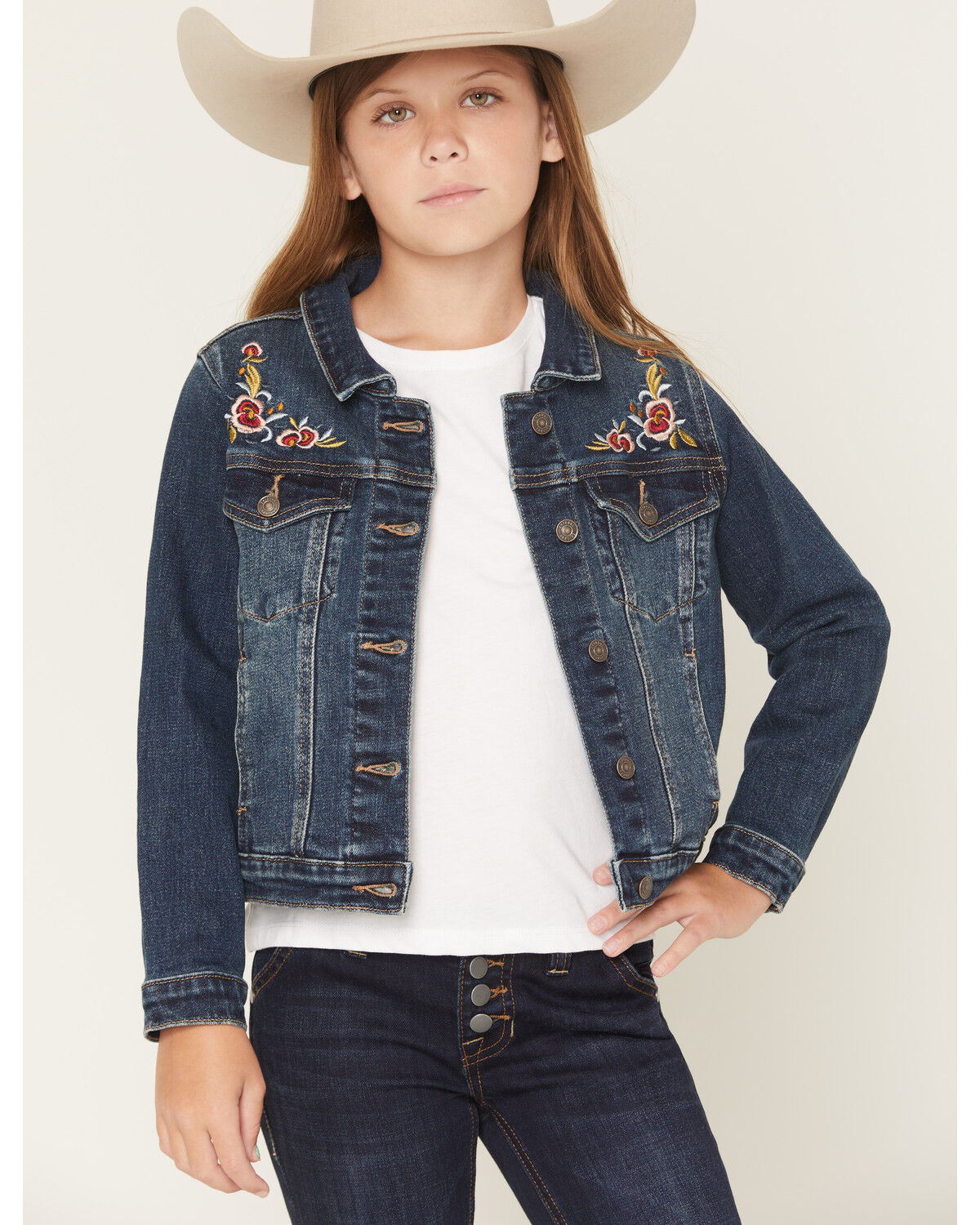 Shyanne Girls' Scout Floral Embroidered Denim Jacket, Dark Wash, hi-res