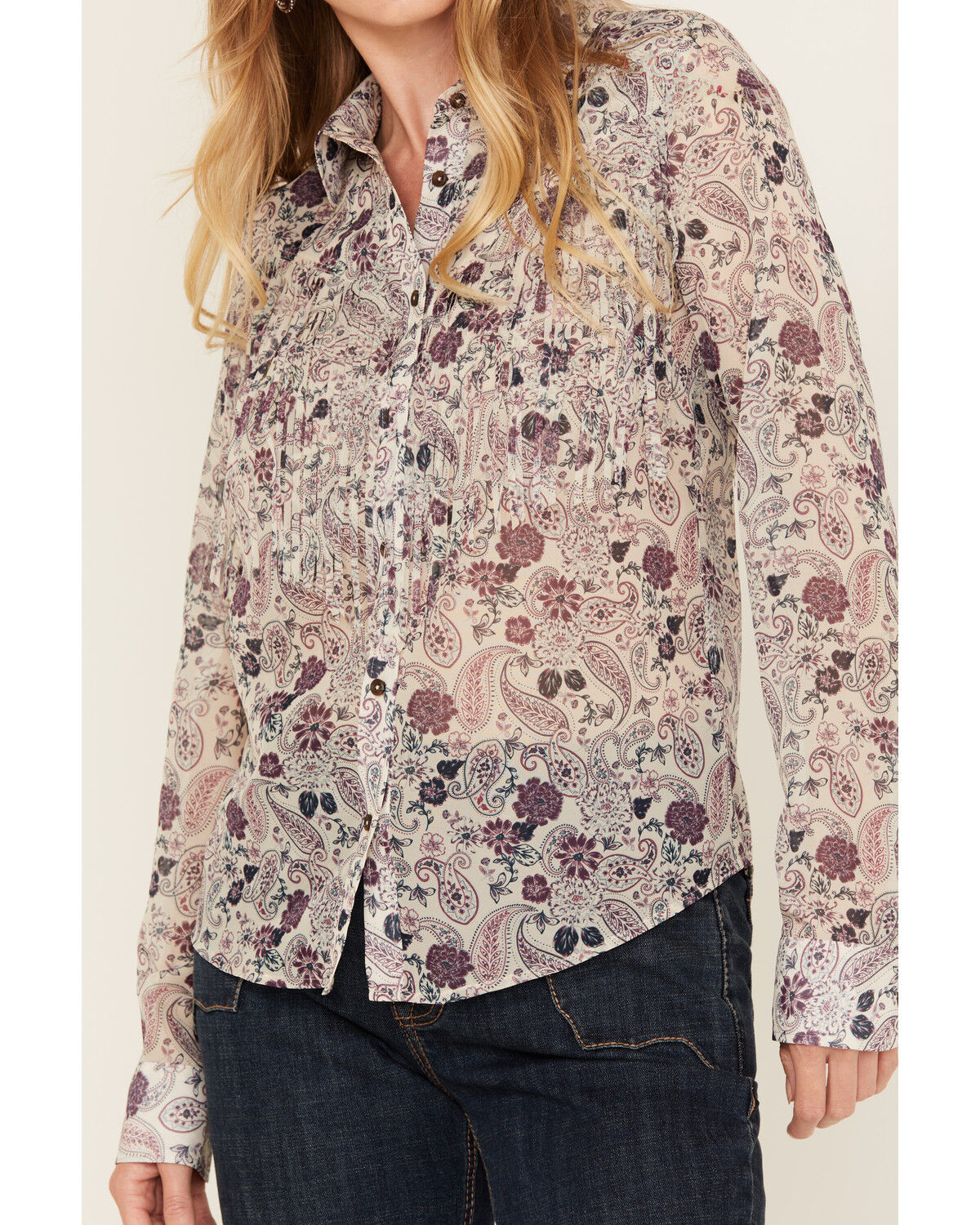 Image #3 - Shyanne Women's Printed Long Sleeve Fringe Button-Down Western Shirt, Natural, hi-res