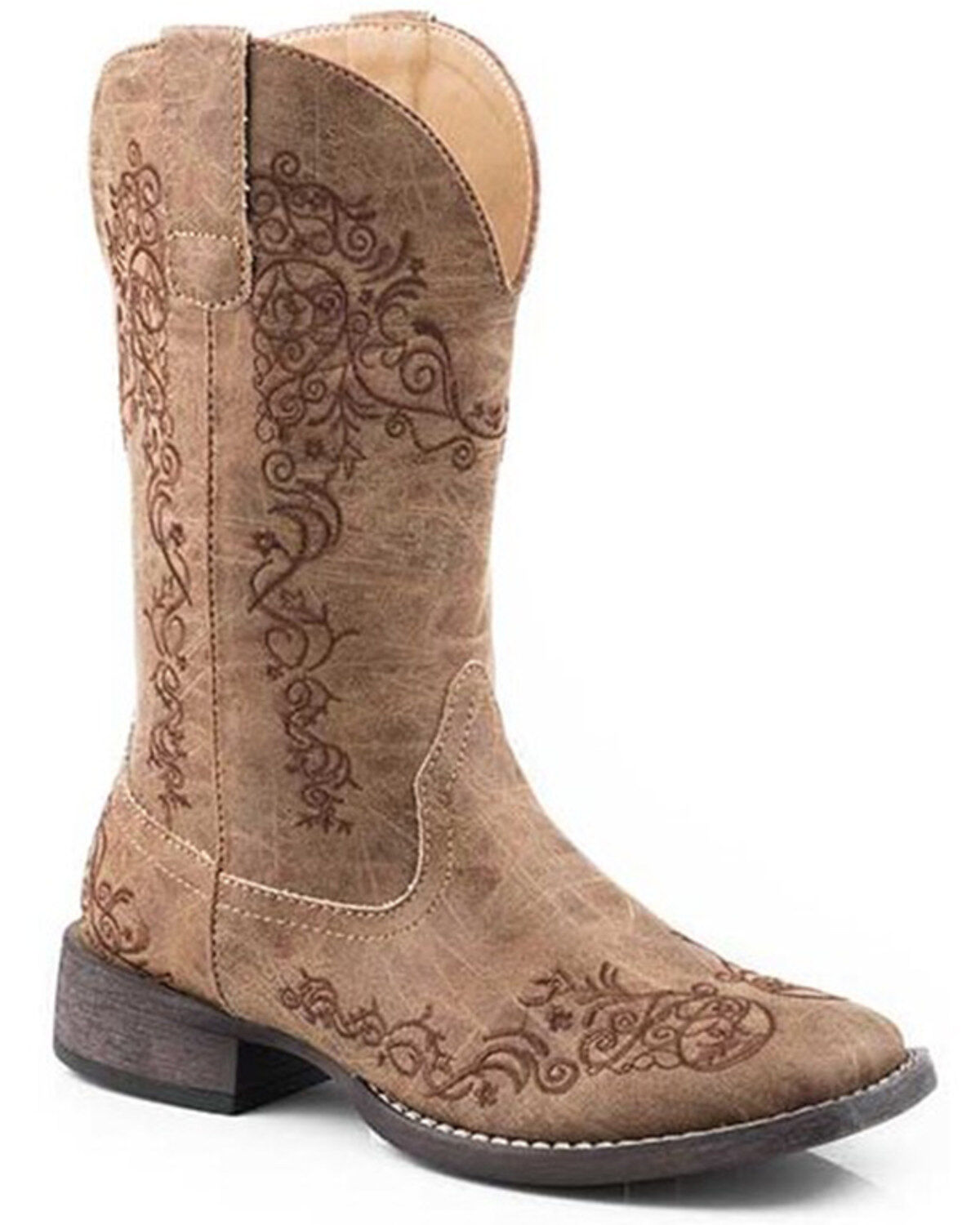 Roper Women's Riley Scroll Vintage Faux Performance Western Boots - Square Toe, Tan, hi-res