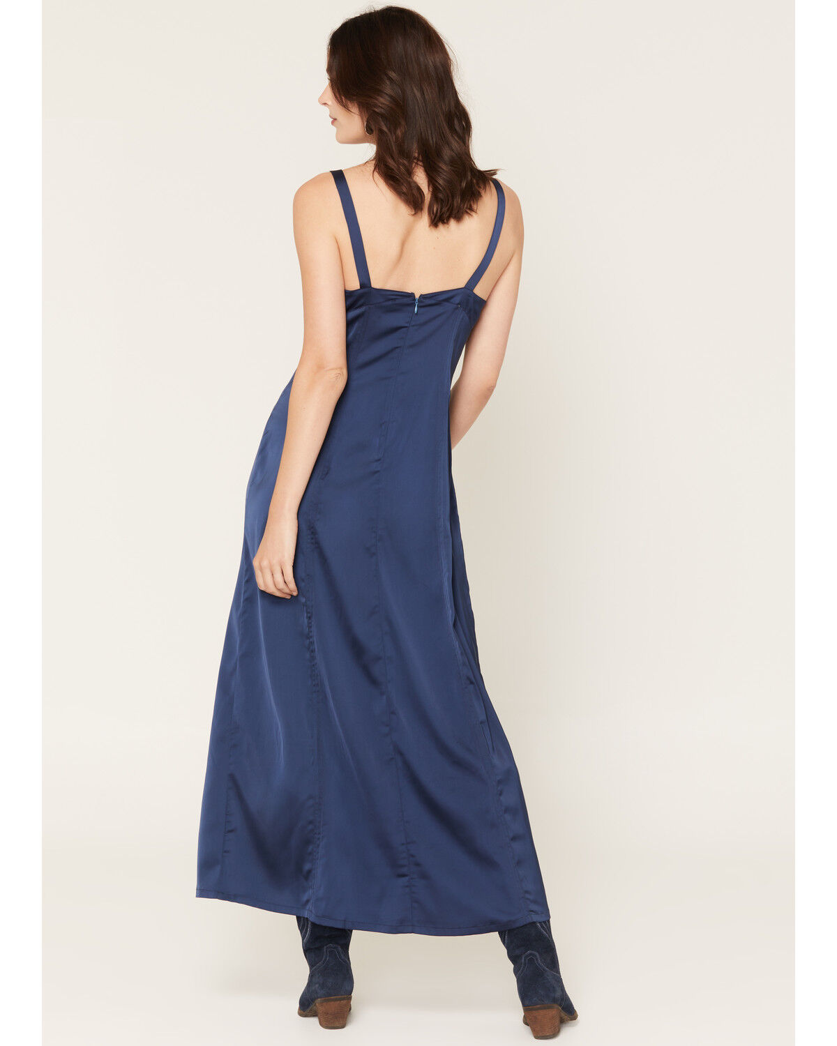 Image #4 - Rock & Roll Denim Women's Sleeveless Buckle Detail Satin Maxi Dress, Navy, hi-res