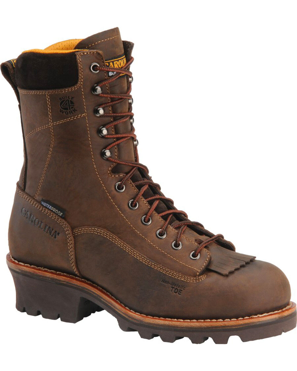 Carolina Men's 8" Crazy Horse Waterproof Lace-to-Toe Logger Boots - Soft Toe, Brown, hi-res