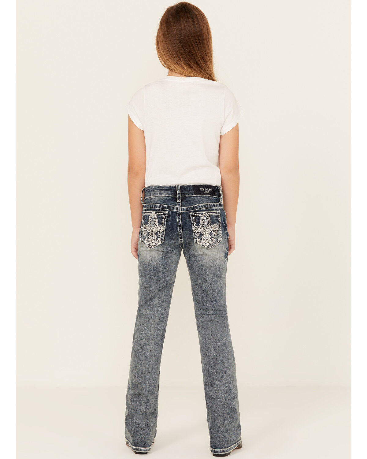 Grace In LA Girls' Dark Wash Fleur De Lis Bootcut Stretch Denim Jeans, Blue, hi-res