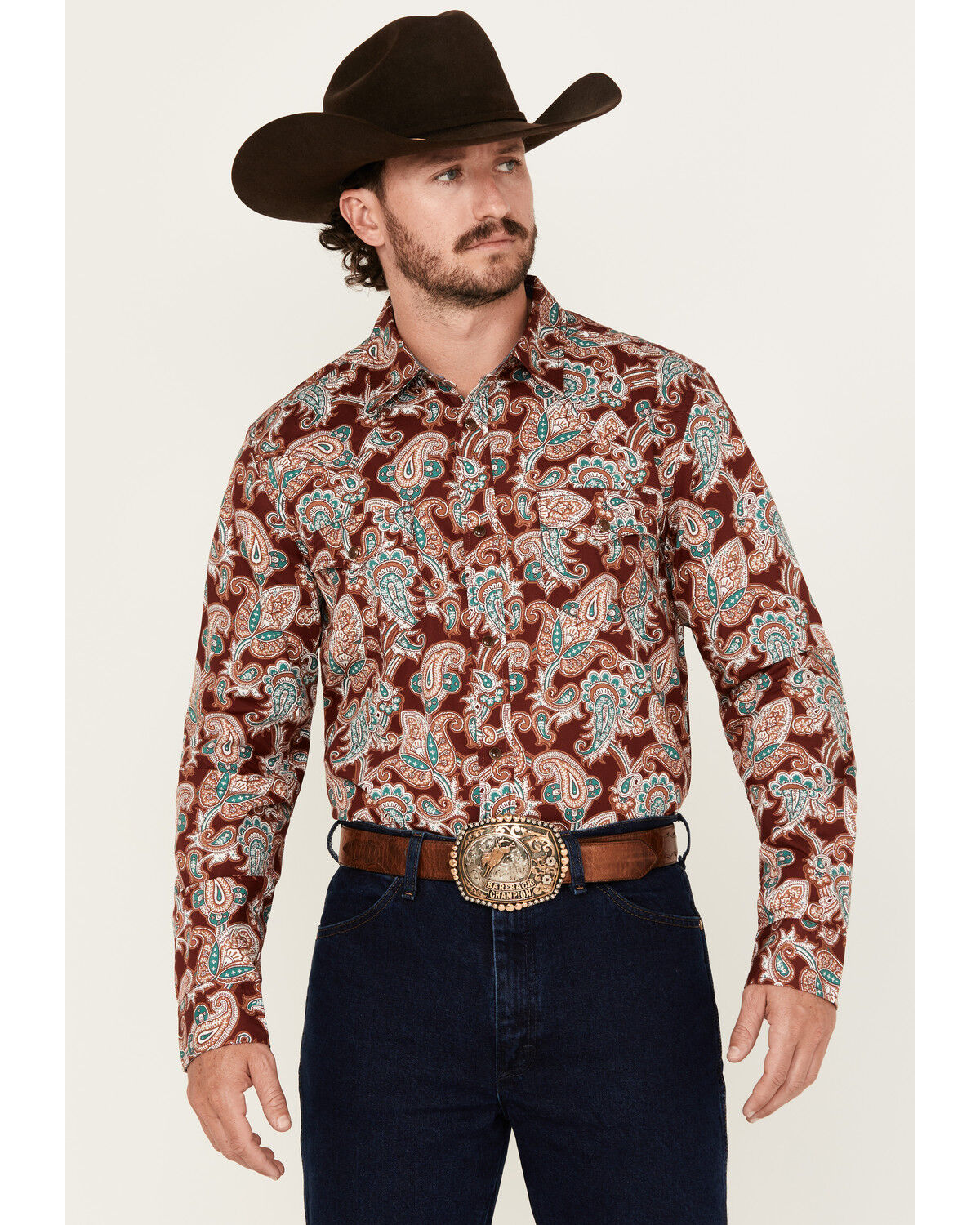 Image #1 - Cody James Men's Noah Paisley Print Long Sleeve Snap Western Shirt, Burgundy, hi-res
