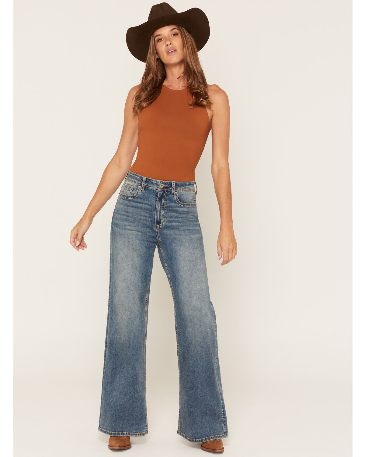 Image #3 - Grace in LA Women's  Medium Wash High Rise Horse Pocket 32" Trouser Stretch Denim Jeans, Medium Wash, hi-res