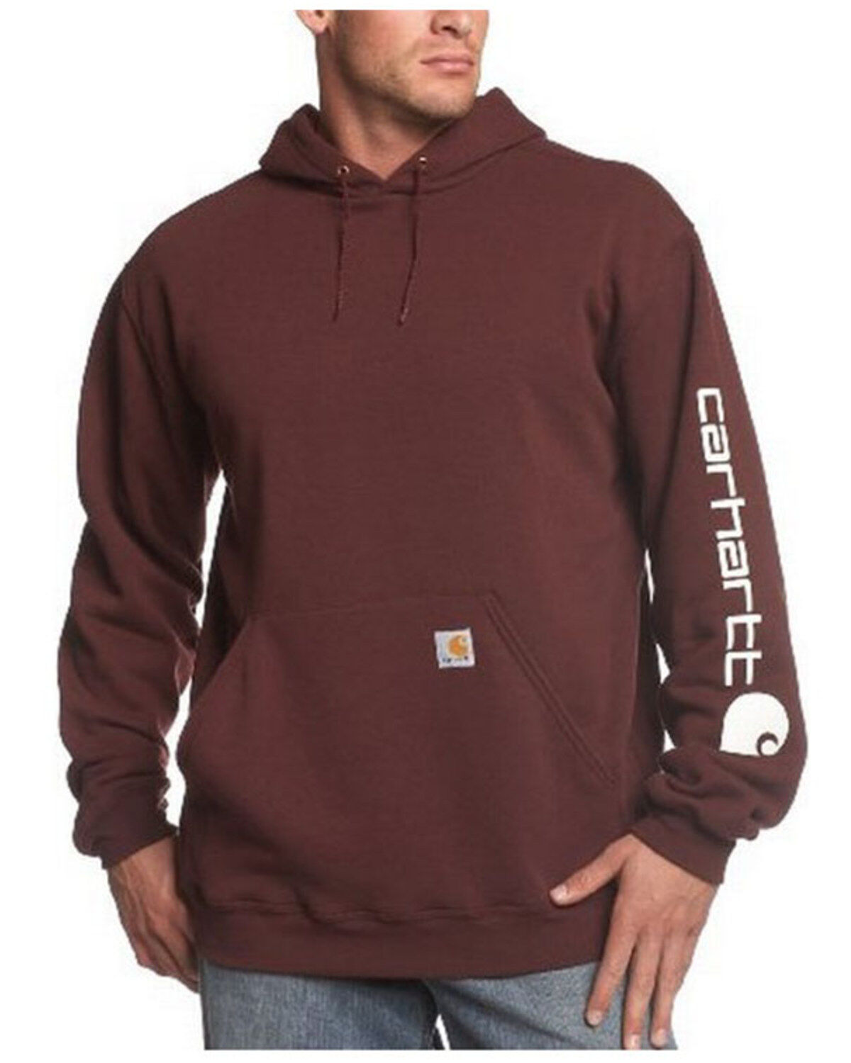 Image #1 - Carhartt Men's Hooded Logo-Sleeve Sweatshirt, Wine, hi-res
