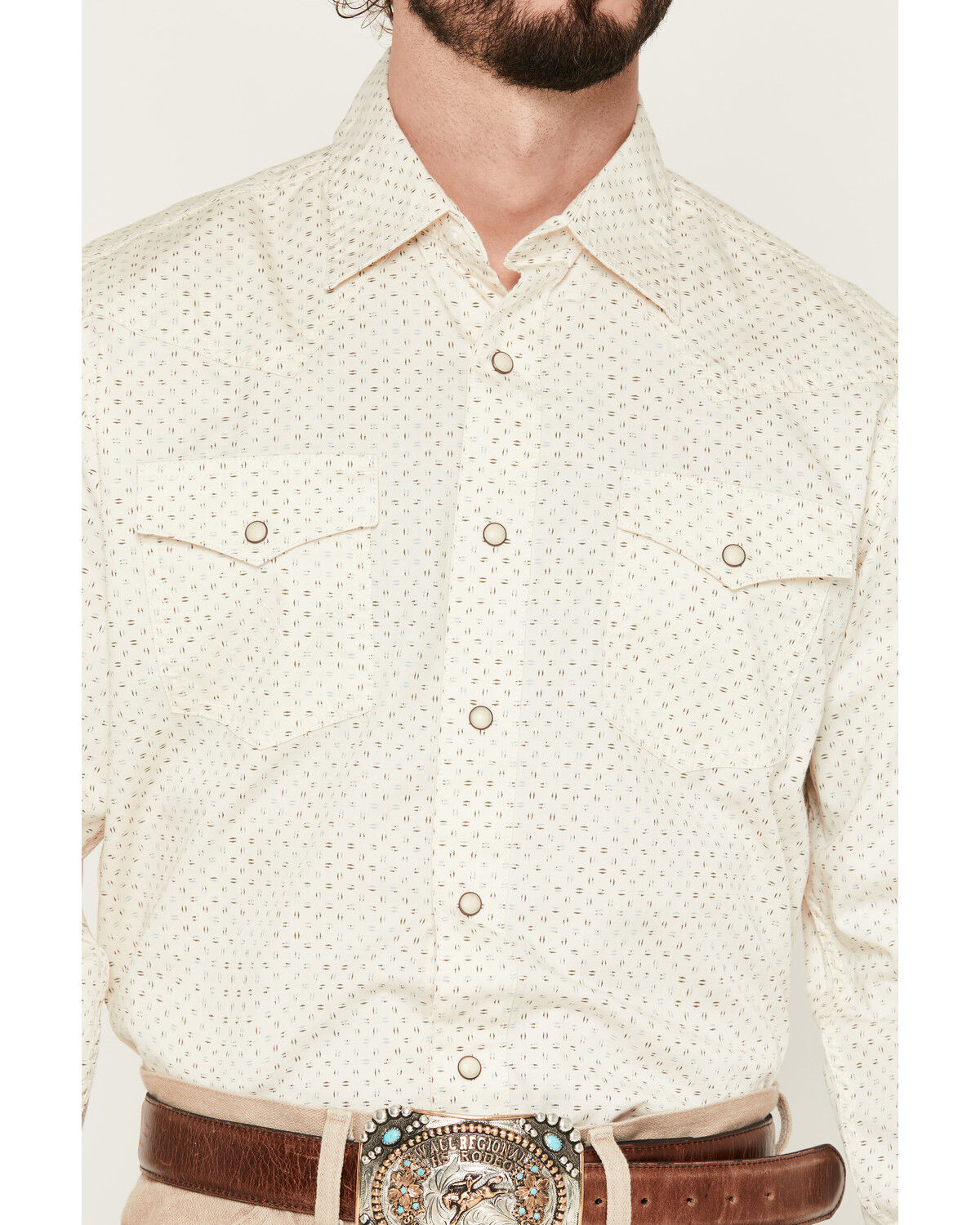 Image #3 - Wrangler Retro Men's Premium Micro Geo Print Long Sleeve Snap Western Shirt, Cream, hi-res