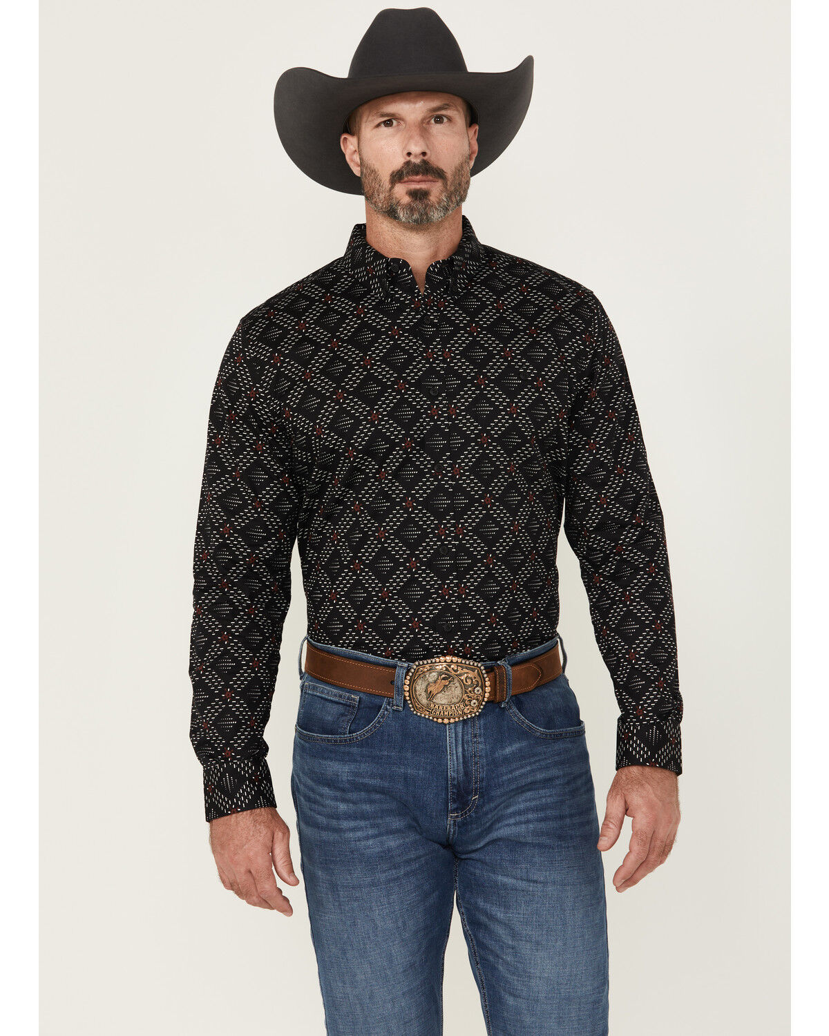 Image #1 - RANK 45&reg; Men's Stampede Diamond Geo Print Long Sleeve Button-Down Stretch Western Shirt, Black, hi-res