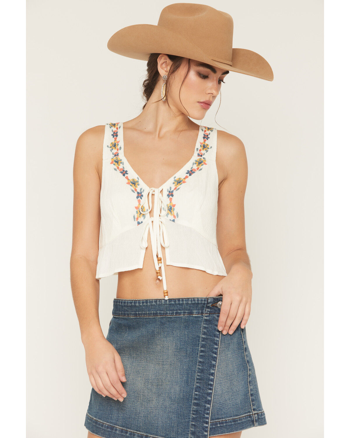 Image #2 - Shyanne Women's Embroidered Tie-Front Tank Top, Cream, hi-res