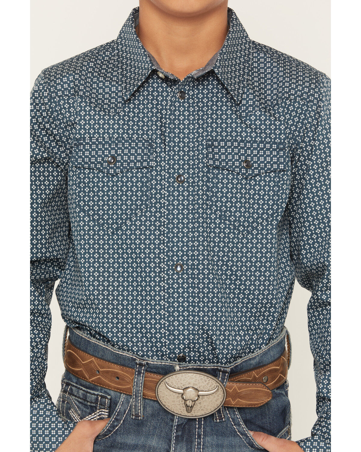 Image #3 - Cody James Boys' Bourbon Geo Print Long Sleeve Pearl Snap Western Shirt, Navy, hi-res
