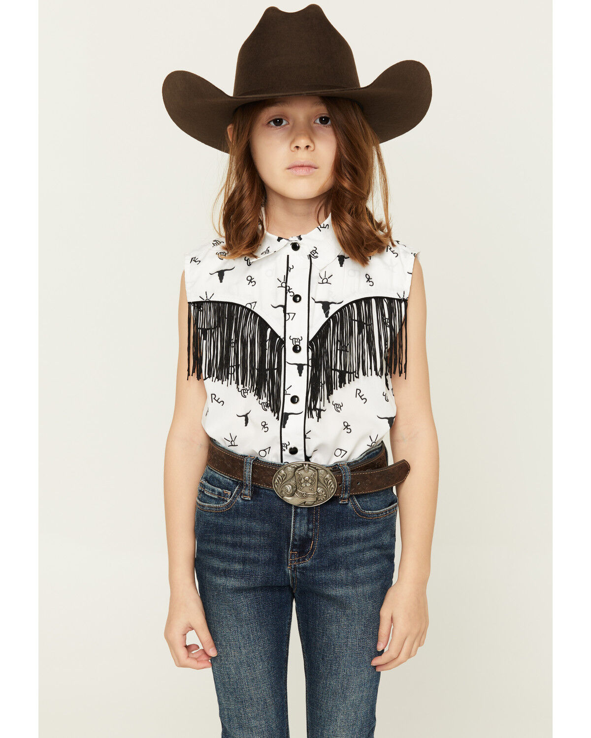 Image #1 - Cowgirl Hardware Girls' Branding Iron Fringe Sleeveless Snap Western Shirt, Black/white, hi-res
