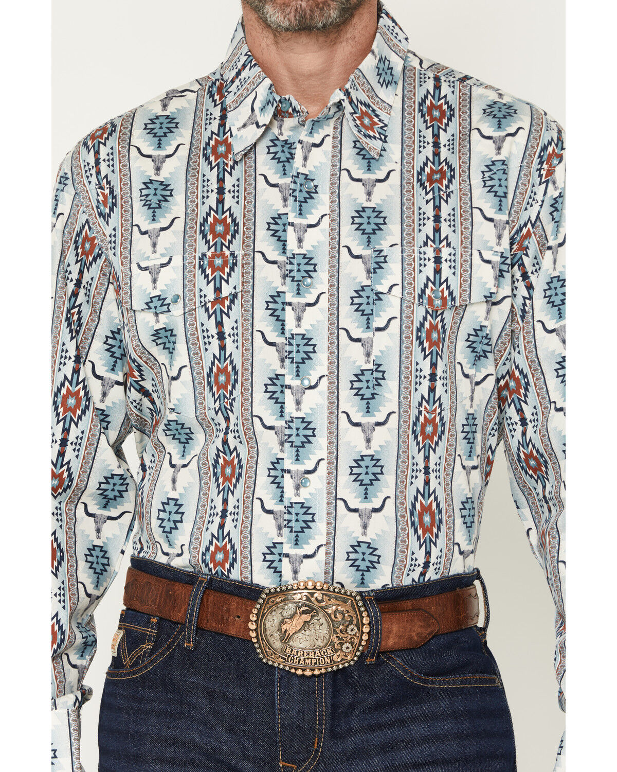 Image #3 - Wrangler Men's Checotah Southwestern Striped Long Sleeve Pearl Snap Western Shirt, Blue, hi-res